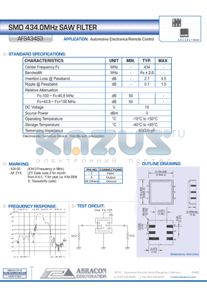 AFS434S3 datasheet - SMD 434.0MHz SAW FILTER