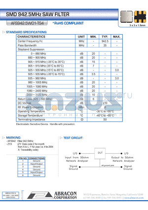 AFS942.5W01-TS4 datasheet - SMD 942.5MHz SAW FILTER
