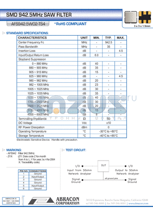 AFS942.5W02-TS4 datasheet - SMD 942.5MHz SAW FILTER