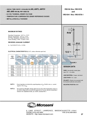 1N3154 datasheet - 8.4 VOLT TEMPERATURE COMPENSATED ZENER REFERENCE DIODES
