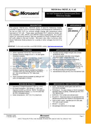 1N3154 datasheet - 8.4 Volt Temperature Compensated Zener Reference Diodes