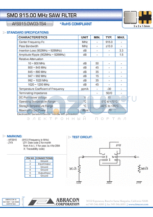 AFS915.0W03-TS4 datasheet - SMD 915.00 MHz SAW FILTER