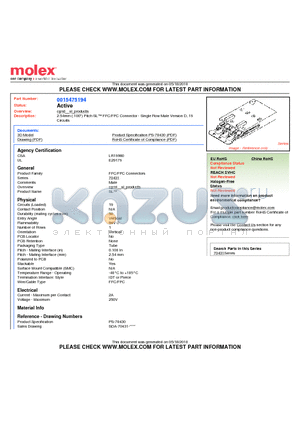 A-70431-0438 datasheet - 2.54mm (.100) Pitch SL FFC/FPC Connector - Single Row Male Version D, 19 Circuits