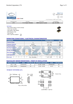 274-12.0M-SR-25HP datasheet - SMD Quartz Crystal