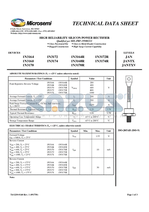 1N3164R datasheet - HIGH RELIABILITY SILICON POWER RECTIFIER