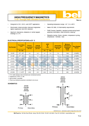 2741G2 datasheet - HIGH FREQUENCY MAGNETICS T1/E1 Through Hole Shielded Transformers