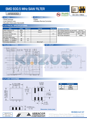 AFS930S3 datasheet - SMD 930.5 MHz SAW FILTER