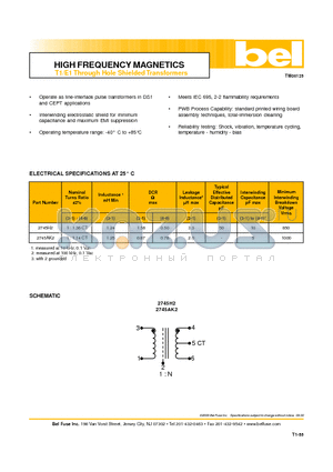 2745H2 datasheet - HIGH FREQUENCY MAGNETICS T1/E1 Through Hole Shielded Transformers