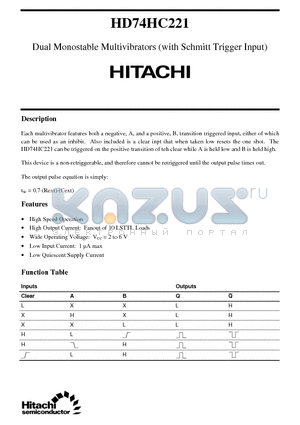 74221 datasheet - Dual Monostable Multivibrators (with Schmitt Trigger Input)