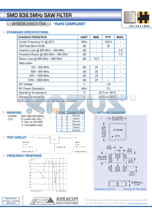 AFS836.5W01-TS4 datasheet - SMD 836.5MHz SAW FILTER