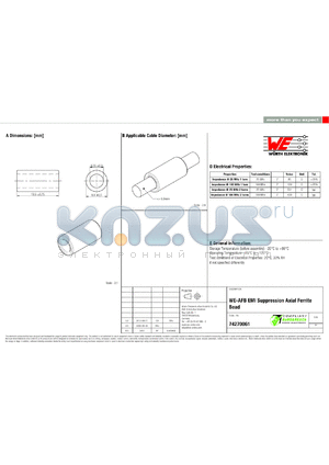 74270061 datasheet - WE-AFB EMI Suppression Axial Ferrite Bead