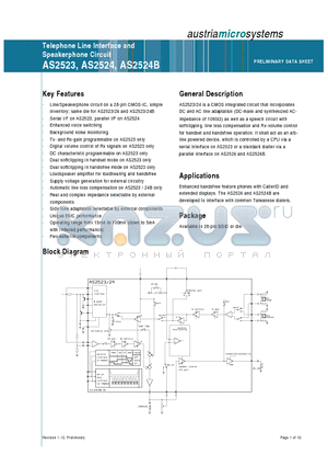 AS2523 datasheet - Telephone Line Interface and Speakerphone Circuit