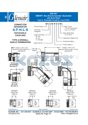 380AA001NF20 datasheet - EMI/RFI Non-Environmental Backshell with Strain Relief