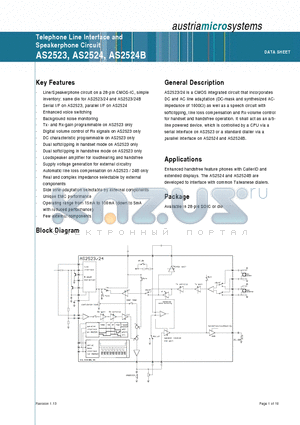 AS2524BT datasheet - Telephone Line Interface and Speakerphone Circuit