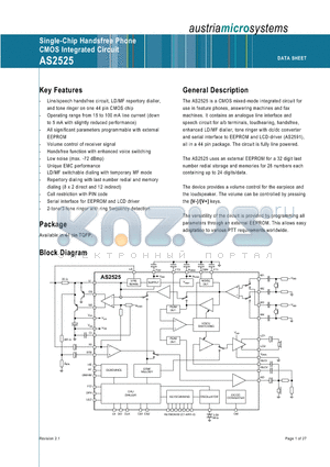 AS2525 datasheet - Single-Chip Handsfree Phone CMOS Integrated Circuit
