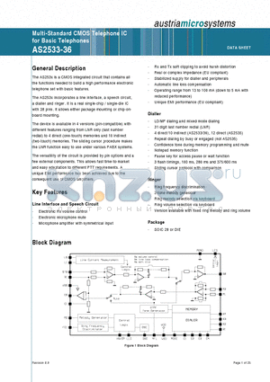 AS2534RT datasheet - Multi-Standard CMOS Telephone IC for Basic Telephones