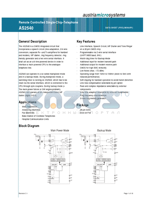 AS2540 datasheet - Remote Controlled Single-Chip-Telephone