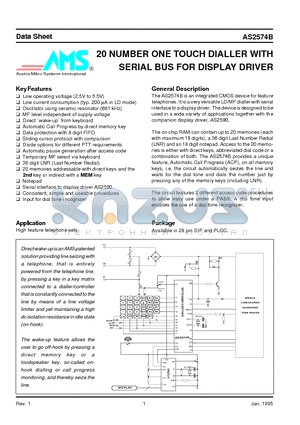 AS2574BP datasheet - 20 NUMBER ONE TOUCH DIALLER WITH SERIAL BUS FOR DISPLAY DRIVER