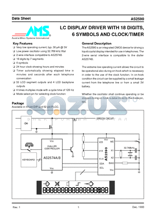 AS2590P datasheet - LC DISPLAY DRIVER WITH 18 DIGITS, 6 SYMBOLS AND CLOCK/TIMER