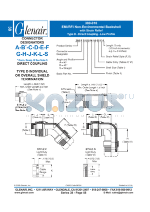 380AA010B10 datasheet - EMI/RFI Non-Environmental Backshell with Strain Relief