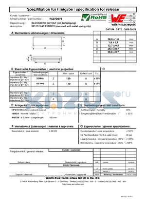 74272571 datasheet - SPLIT FLAT FERRITE (mounted with metal spring clip)