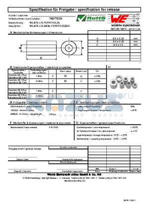 74277233 datasheet - WE-AFB LFS AXIAL FERRITE BEADS