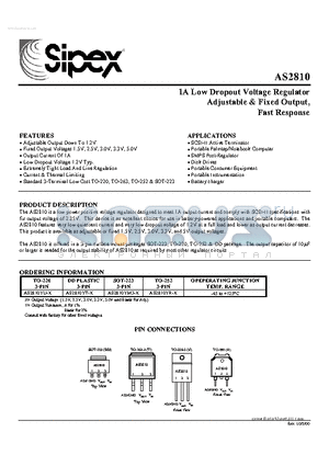 AS2810 datasheet - 1A Low Dropout Voltage Regulator Adjustable & Fixed Output, Fast Response