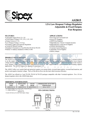 AS2815YT-X datasheet - 1.5A Low Dropout Voltage Regulator Adjustable & Fixed Output, Fast Response