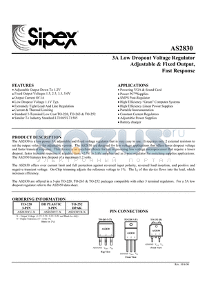 AS2830 datasheet - 3A Low Dropout Voltage Regulator Adjustable & Fixed Output, Fast Response