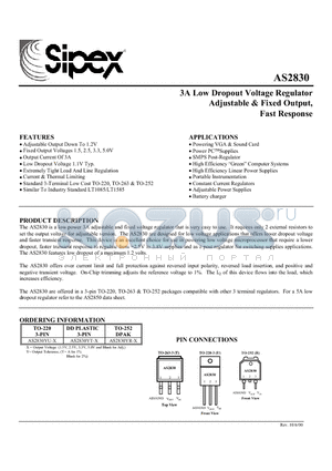 AS2830YU-X datasheet - 3A Low Dropout Voltage Regulator Adjustable & Fixed Output, Fast Response