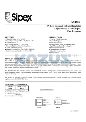 AS2850YU-X datasheet - 5A Low Dropout Voltage Regulator Adjustable & Fixed Output, Fast Response