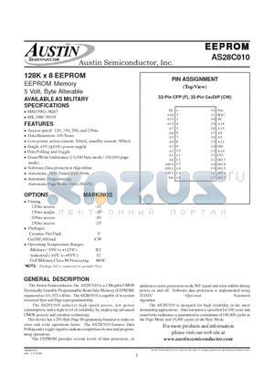 AS28C010CW-12 datasheet - 128K x 8 EEPROM EEPROM Memory 5 Volt, Byte Alterable