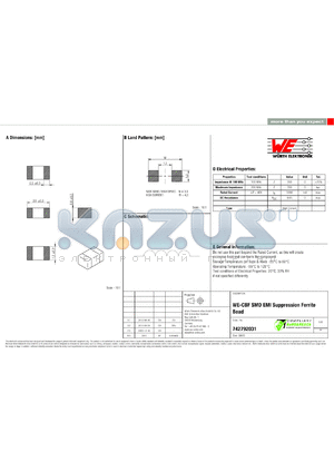 742792031 datasheet - WE-CBF SMD EMI Suppression Ferrite Bead