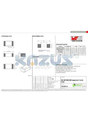 742792114 datasheet - WE-CBF SMD EMI Suppression Ferrite Bead