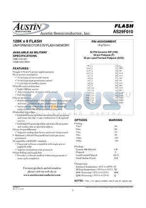 AS29F010 datasheet - 128K x 8 FLASH UNIFORM SECTOR 5.0V FLASH MEMORY