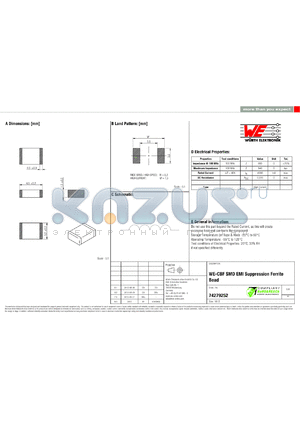 74279252 datasheet - WE-CBF SMD EMI Suppression Ferrite Bead