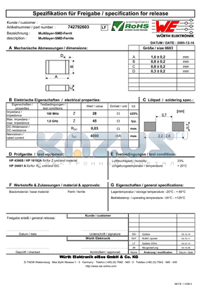 742792603 datasheet - Multilayer-SMD-Ferrite