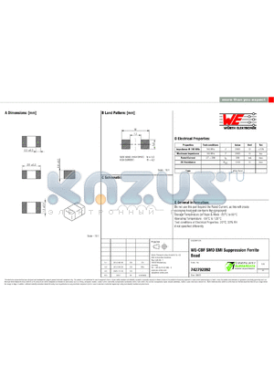 742792092 datasheet - WE-CBF SMD EMI Suppression Ferrite Bead