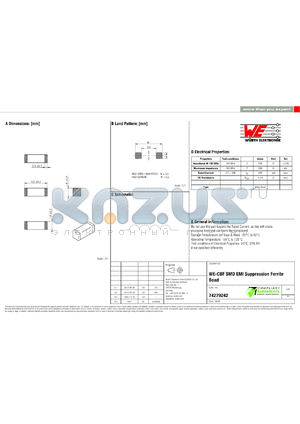 74279242 datasheet - WE-CBF SMD EMI Suppression Ferrite Bead