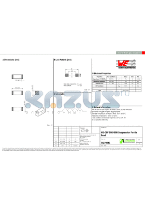 74279243 datasheet - WE-CBF SMD EMI Suppression Ferrite Bead