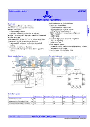 AS29F040-55LC datasheet - 5V 512K x 8 CMOS FLASH EEPROM