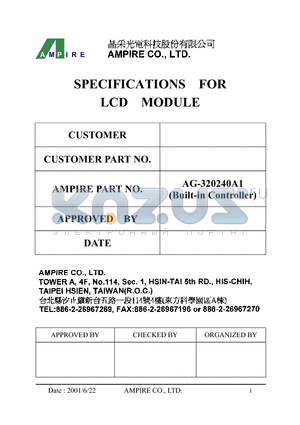 AG-320240A1FA datasheet - SPECIFICATIONS FOR LCD MODULE