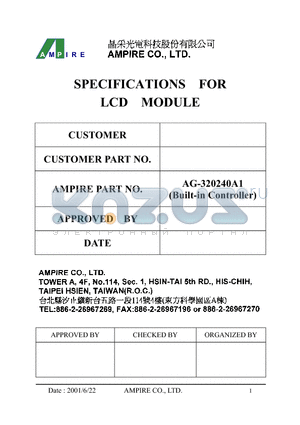 AG-320240A1FAB datasheet - SPECIFICATIONS FOR LCD MODULE