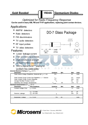 1N34A datasheet - Optimized for Radio Frequency Response