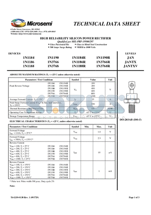 1N3768 datasheet - HIGH RELIABILITY SILICON POWER RECTIFIER