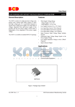 AS331KTR-G1 datasheet - LOW POWER LOW OFFSET VOLTAGE SINGLE COMPARATOR