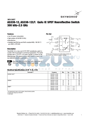 AS338-12LF datasheet - GaAs IC SPDT Nonreflective Switch 300 kHz-2.5 GHz