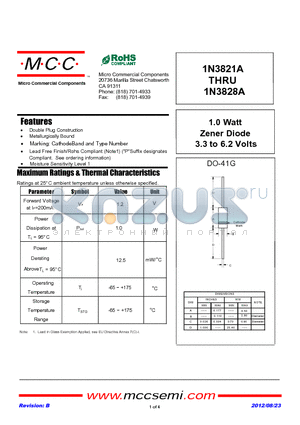 1N3821A_12 datasheet - 1.0 Watt Zener Diode 3.3 to 6.2 Volts