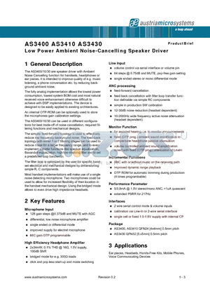 AS3410 datasheet - Low Power Ambient Noise-Cancelling Speaker Driver