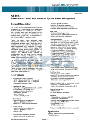 AS3517 datasheet - Stereo Audio Codec with advanced System Power Management